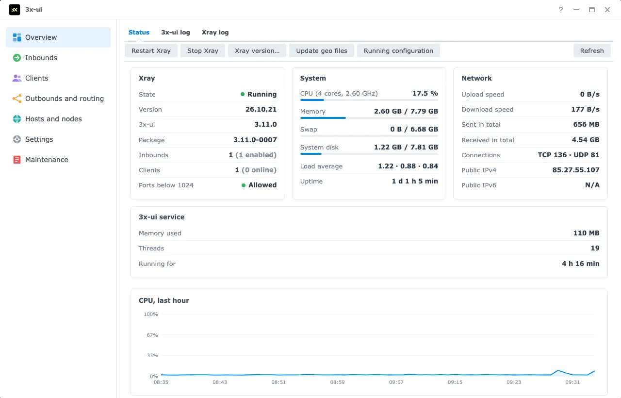 3x-ui overview in DSM: Xray state, system load, network