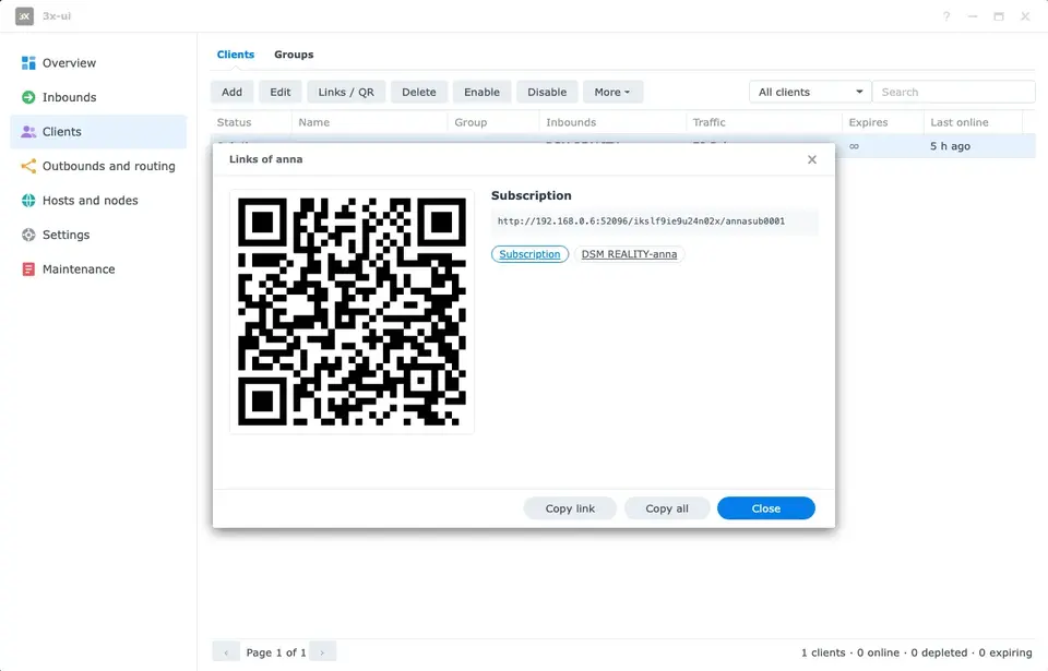 Client links and subscription QR code in DSM