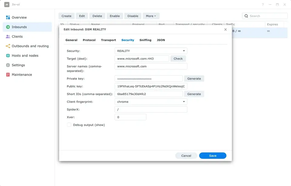 Inbound editor in DSM with REALITY settings