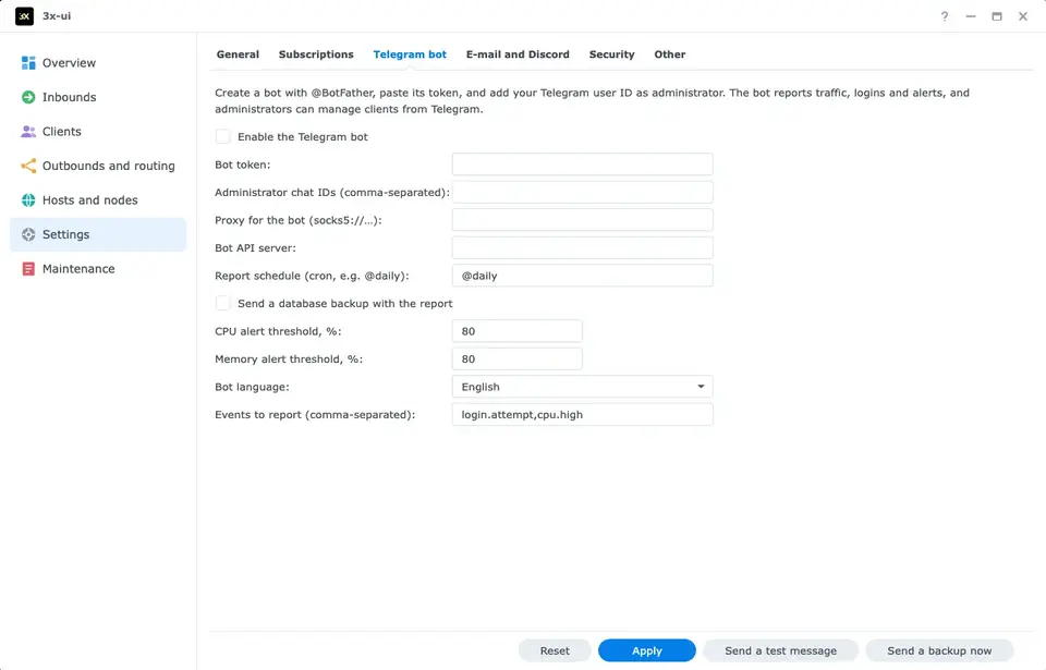 Telegram bot settings in the 3x-ui DSM app